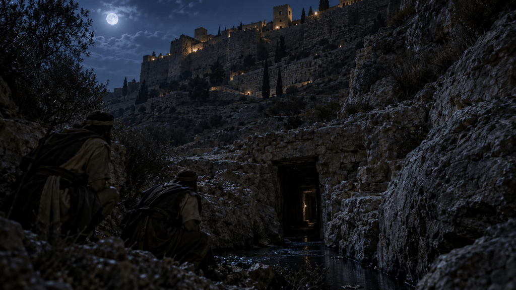 The fortifications were traditionally assigned to the Middle Bronze Age, many centuries before David, based partly upon their architecture, relationship to nearby features, and archaeological context. If that dating is correct, David’s forces approached a city whose water defenses had already existed for generations.

A 2017 radiocarbon study challenged part of that reconstruction. Researchers examined material beneath foundation stones at the northeastern corner of the Spring Tower. Their results included dates extending into the ninth century BCE—after the period traditionally associated with David. They argued that at least the sampled construction might therefore be considerably later than previously believed.

Archaeologist Ronny Reich subsequently defended the earlier Middle Bronze Age dating. He argued that the samples did not necessarily date the tower’s original construction and could reflect later rebuilding, repairs, flooding, or activity affecting one portion of the structure.

The disagreement has not made the archaeology useless. It has made the story more precise.

There were ancient waterworks around the Gihon Spring. Massive defenses protected the area. Passages and channels connected the spring to the life of the settlement. But determining which walls, openings, and routes stood in exactly the same form during David’s attack remains difficult.

Archaeology gives us pieces of the city. It does not give us an eyewitness account of the moment Jebus fell.