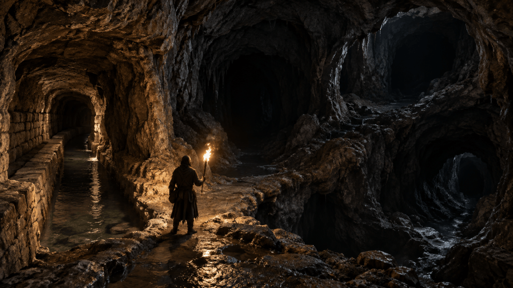 Torchbearer facing unexplored passages beneath ancient Jebus
