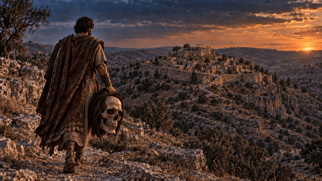 David carrying Goliath’s giant skull toward ancient Jerusalem at sunset