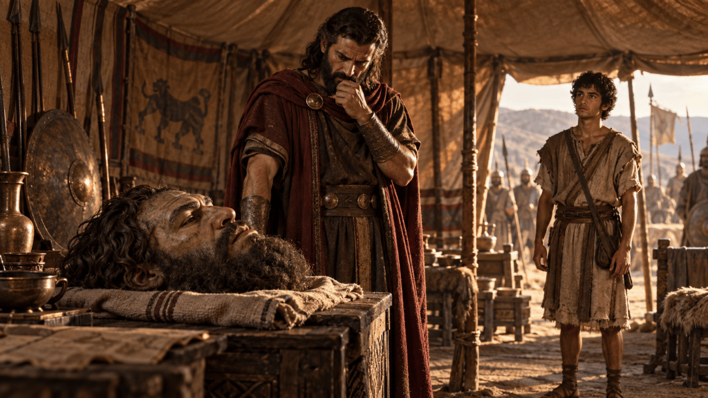 King Saul considering Goliath’s giant head after David’s victory