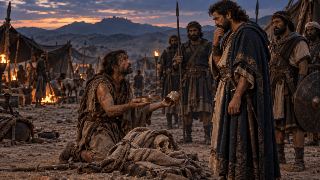 An Amalekite messenger presenting Saul’s crown and armlet to David beside a wrapped giant skull