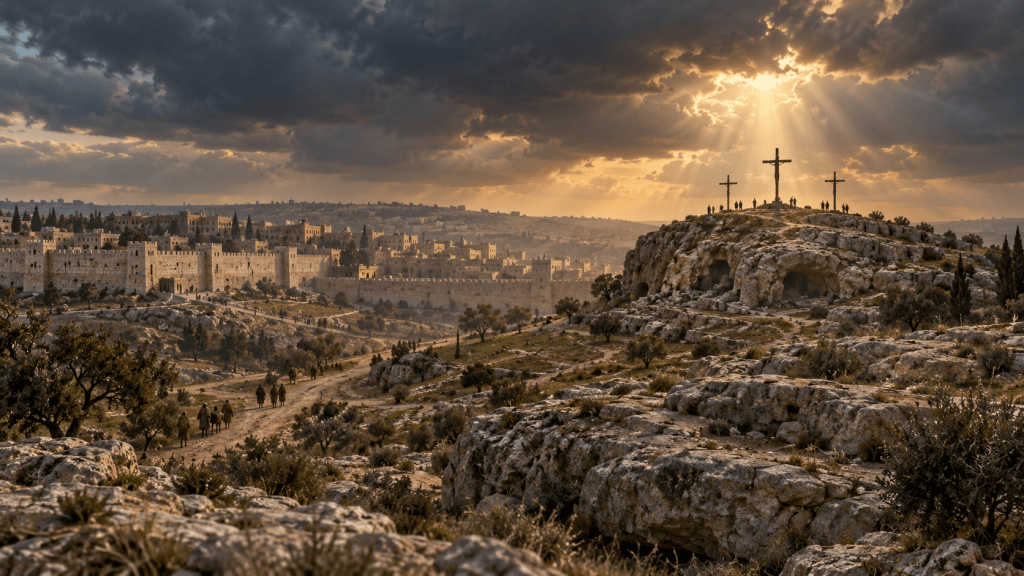 Golgotha outside the walls of Jerusalem beneath a darkening sky