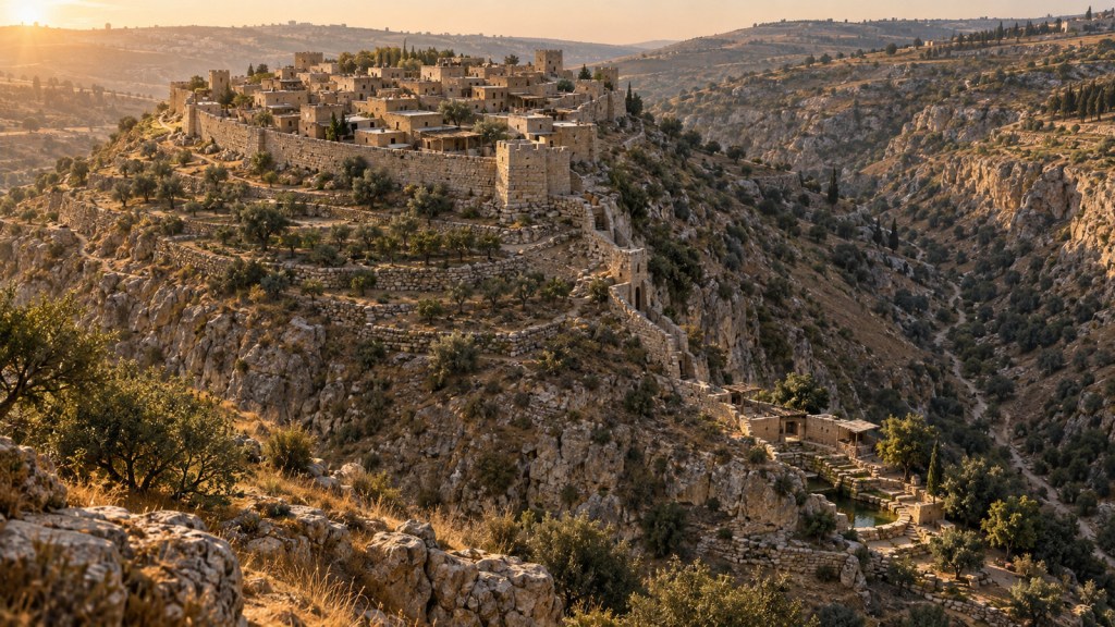 Reconstruction of fortified Jebus above the Kidron Valley and Gihon Spring